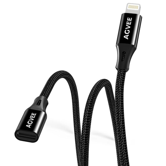 AGVEE 1ft Lightning Extension Cable, Braided Female to Male Extender Full Function Cord Compatible with iPhone iPad, Data Sync Video Audio & Charging Connector Adapter, Black