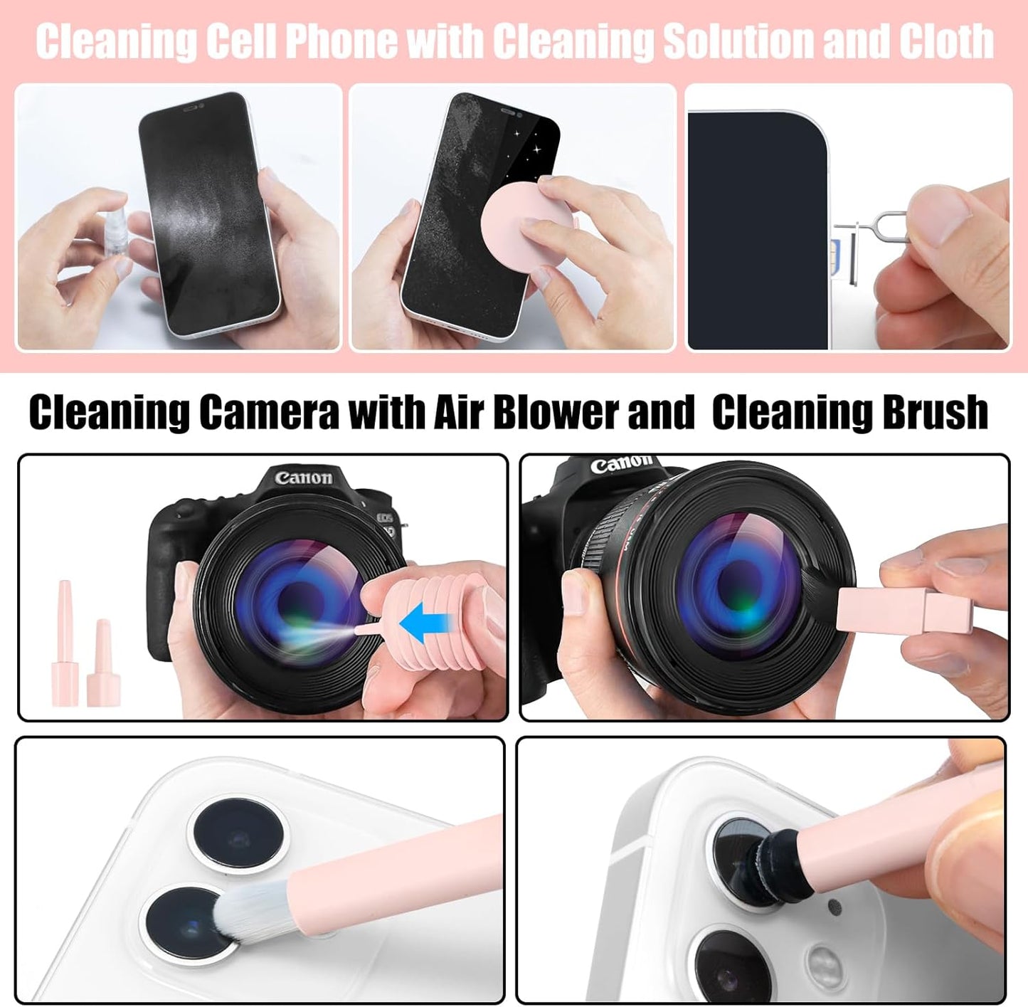 walrfid Laptop Phone Screen Cleaner Kit, Computer Keyboard Brush Cleaning Spray for iPhone AirPods MacBook iPad, 20-in-1 Electronic Device Clean Tool for Camera Earbud Car Screens (Pink)