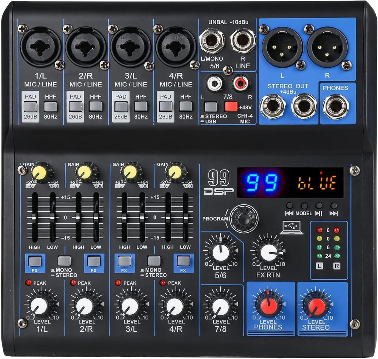 Dj Mixers 8 Channel Audio Mixer Sound Board with Bluetooth, Usb Audio Interface with Sound Card Recording and 48V Phantom Power Sounds Mixer Board with 99 DSP FX Reverb Delay Effect for Streaming