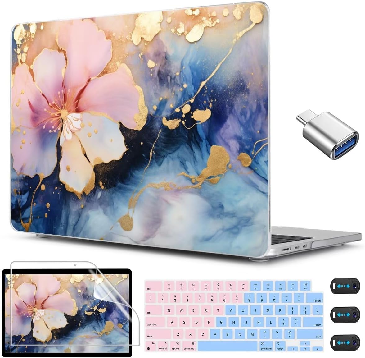 CISSOOK Compatible with MacBook Air 13.6 inch Case M2 M3 M4 Release 2025 2024 2023 2022, Plastic Hard Shell Case Keyboard Cover Screen Film for MacBook Air 13 inch A3240 A3113 A2681, Marble Flower