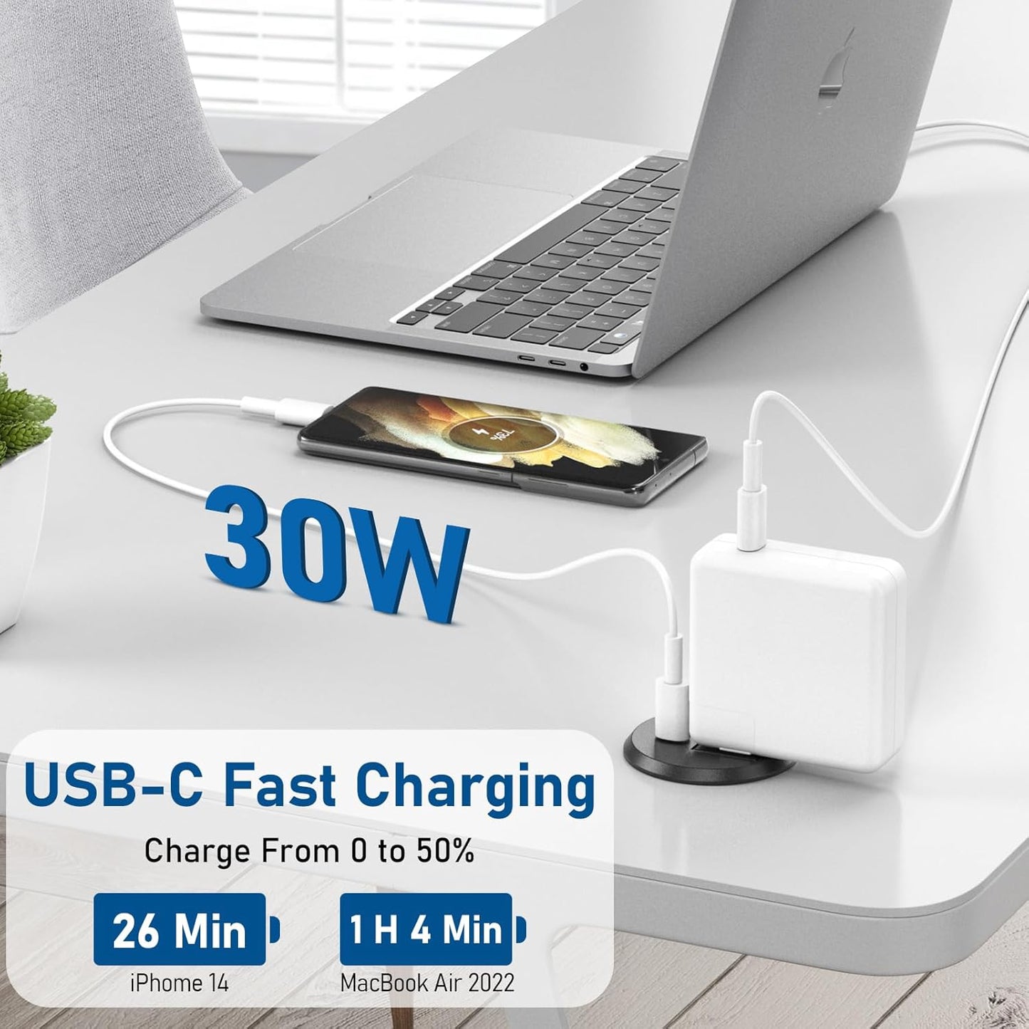 Desktop Power Grommet 2 inch Hole,PD 30W USB C Fast Charging Station,Ultra Thin Flat Plug Power Strip,Recessed Outlet,Slim Outlet Extender for Office,Table Outlets for Home,Office,6ft Cable