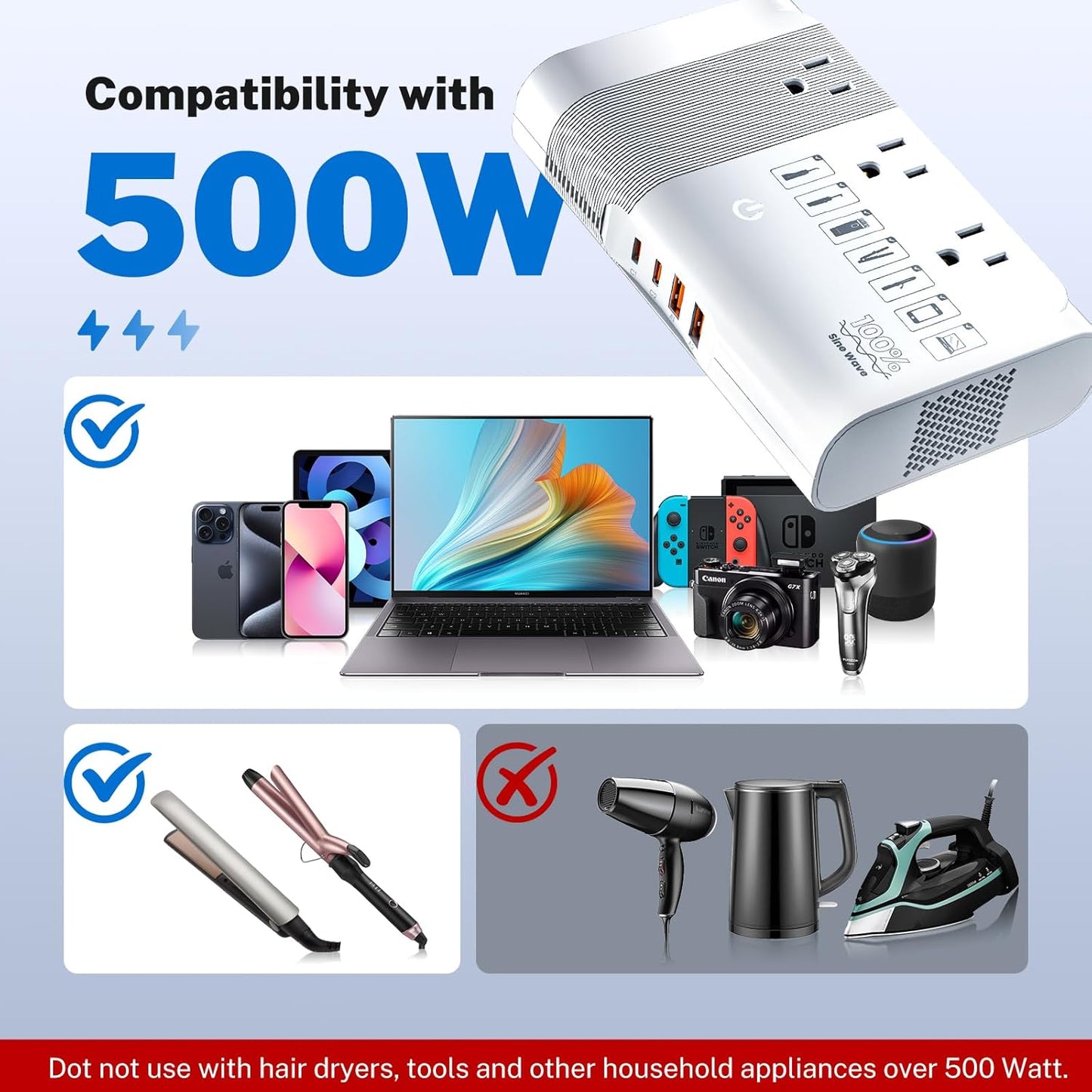 DOACE 500W Universal Travel Adapter 220V to 110V Voltage Converter, Pure Sine Wave European Travel Plug Adapter Converter, Transformer for US to Most Europe，UK/AU/EU/IT with 3 US Outlets & 4 USB