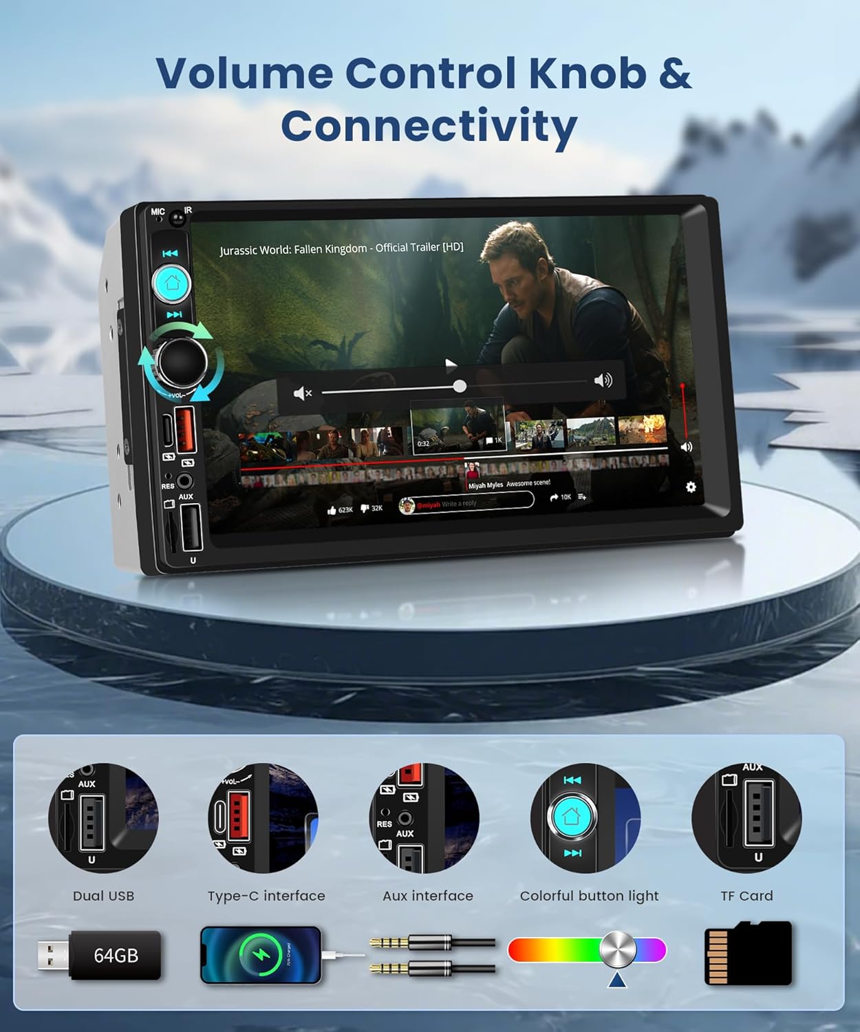 2 DIN Car Stereo Wireless Carplay&Android Auto, USB-C Head Unit 7” Touch Screen Car Radio Volume Knob Bluetooth EQ FM Mirror Link Double USB-A TF +Rearview Camera