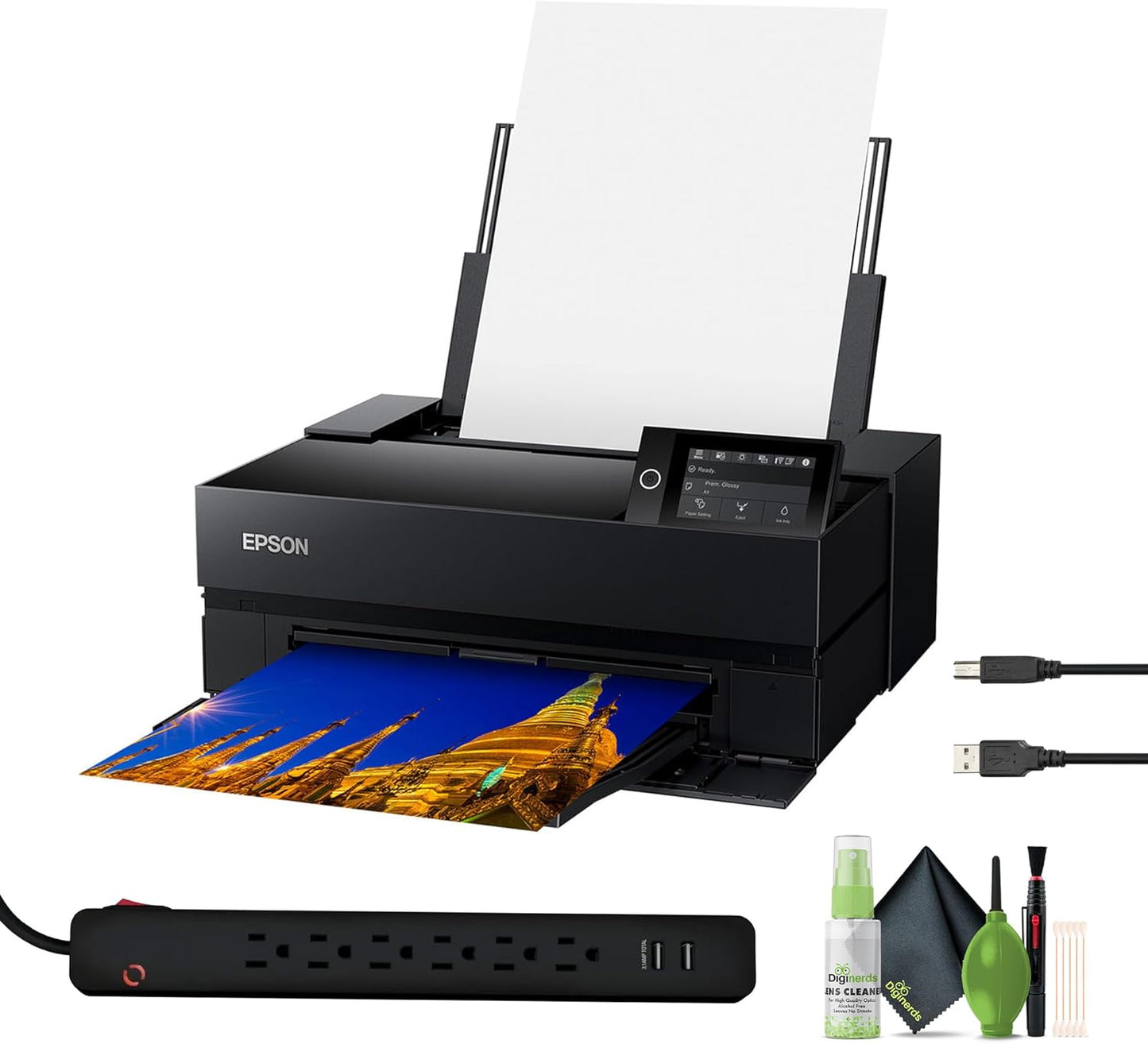 EPSON SureColor P700 13-inch Photo Printer (C11CH38201) Bundle with Surge Protector, Printer Cable, Cleaning Kit