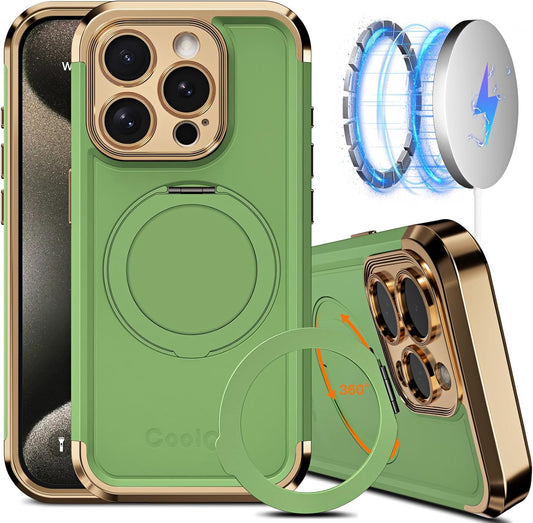 COOLQO for iPhone 15 Pro Max Case 6.7'' Upgraded 360° Spin Magnetic Stand [Compatible with Magsafe][Military Protection] Shockproof Protective Phone Holder Cover for iPhone 15 Pro Max, Matcha Gold