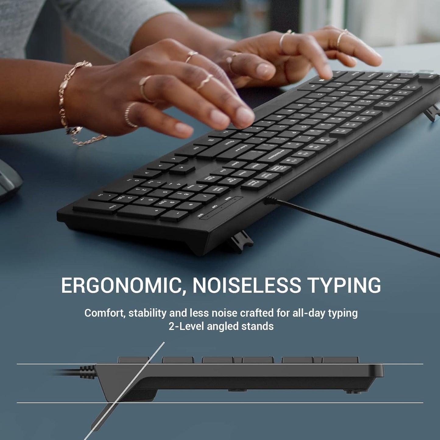 Computer Keyboard Wired, Plug Play USB Keyboard, Low Profile Chiclet Keys, Large Number Pad, Caps Indicators, Foldable Stands, Spill-Resistant, Anti-Wear Letters for PC Laptop (Black, 1-Pack)