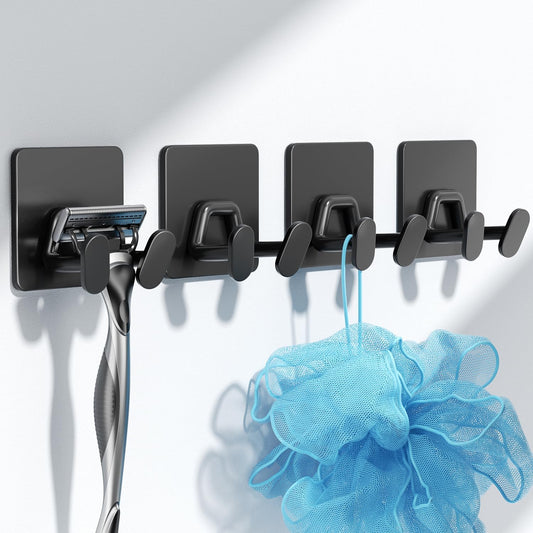 Adhesive Shower Hooks for Inside - Extra Sticky Stainless, Razor Holder Shower Accessories, Wall Mounted Self-Adhesive Double Hooks for Razor, Loofah, Towel, Shaver, Coat, Key, Matt Black, 4-Pack