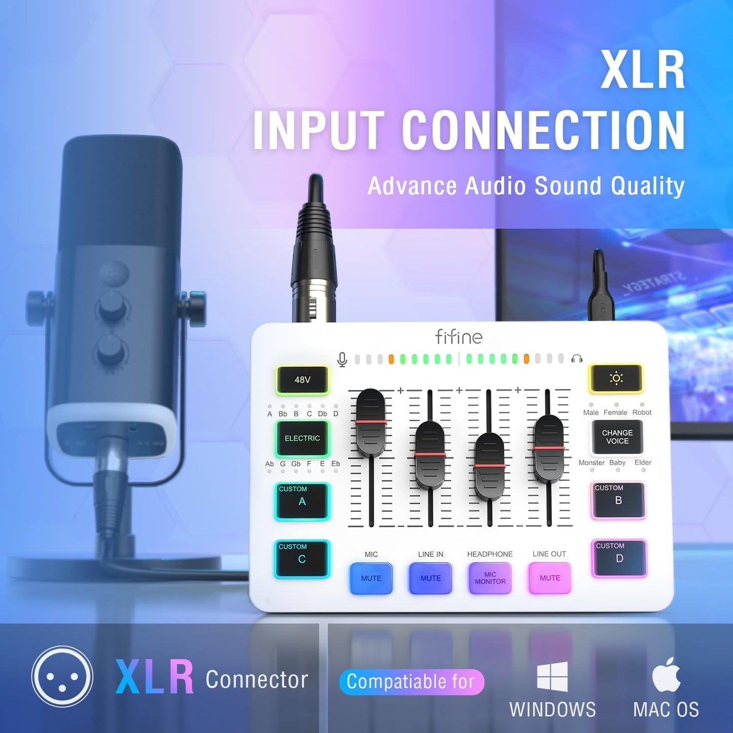 FIFINE Audio Mixer, Gaming Streaming PC Mixer with Slider Fader, XLR Microphone Interface, Monitoring, for Video/Game Voice/Podcast Recording-AmpliGame SC3W