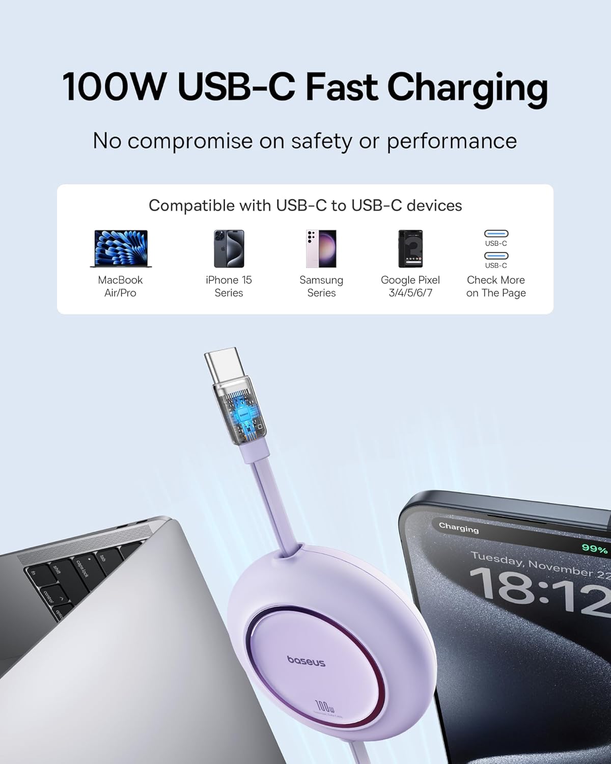 Baseus USB C to USB C Cable, 100W 6.6ft Retractable USB C Fast Charging Cable, 7-Stage Length Preset Retractable Charger Cord for iPhone 16 15 Pro Plus Pro Max, MacBook, iPad Pro, Samsung S24/S23+
