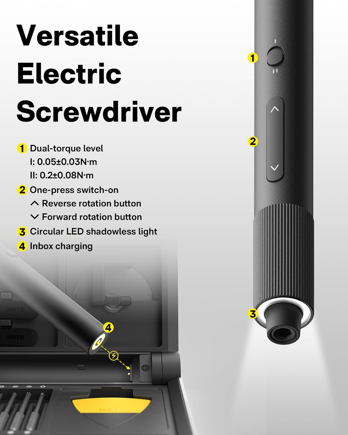 HOTO Precision Screwdriver Set, 110° Upright Workpad, Mini Electric Screwdriver with Charging Dock, 0.05/0.2 N·m Torque, LED Light, 26 Bits and 10 Repair Tools for Electronics, Phones, Laptops