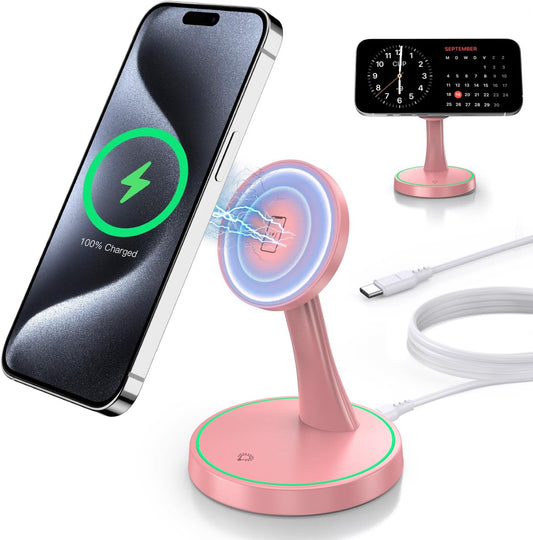 Magnetic Wireless Charger Stand 15W Fast Mag-Safe Charger for iPhone 16/16 Pro/16 Plus/16 Pro Max/15/14/13/12 Series Magnet Wireless Charging Station/Pad with Sleep-Friendly Light for AirPods