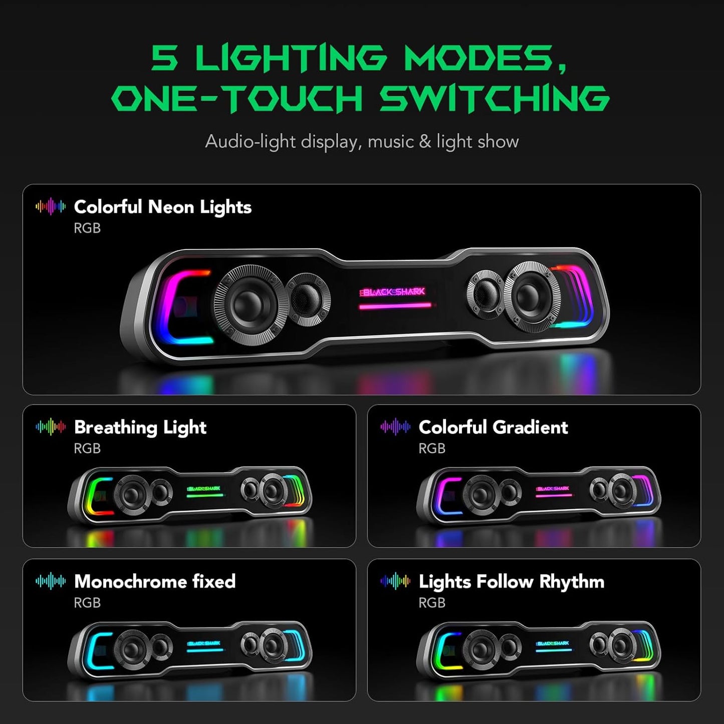 Black Shark BS-SP1 Bluetooth Computer Speakers for Desktop, 5 Colorful Lights Gaming PC Speaker with Stereo Sound, USB C/USB Powered Sound-bar for Computer Desktop PC Monitor Laptop