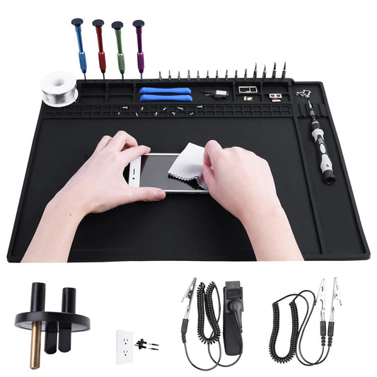 Anti Static Mat Includes ESD Wristband and Grounding Wire and Grounding Plug for Electronics Repair, Premium Heat Resistant ESD Safe Soldering Mat (17.7" x 13.6")