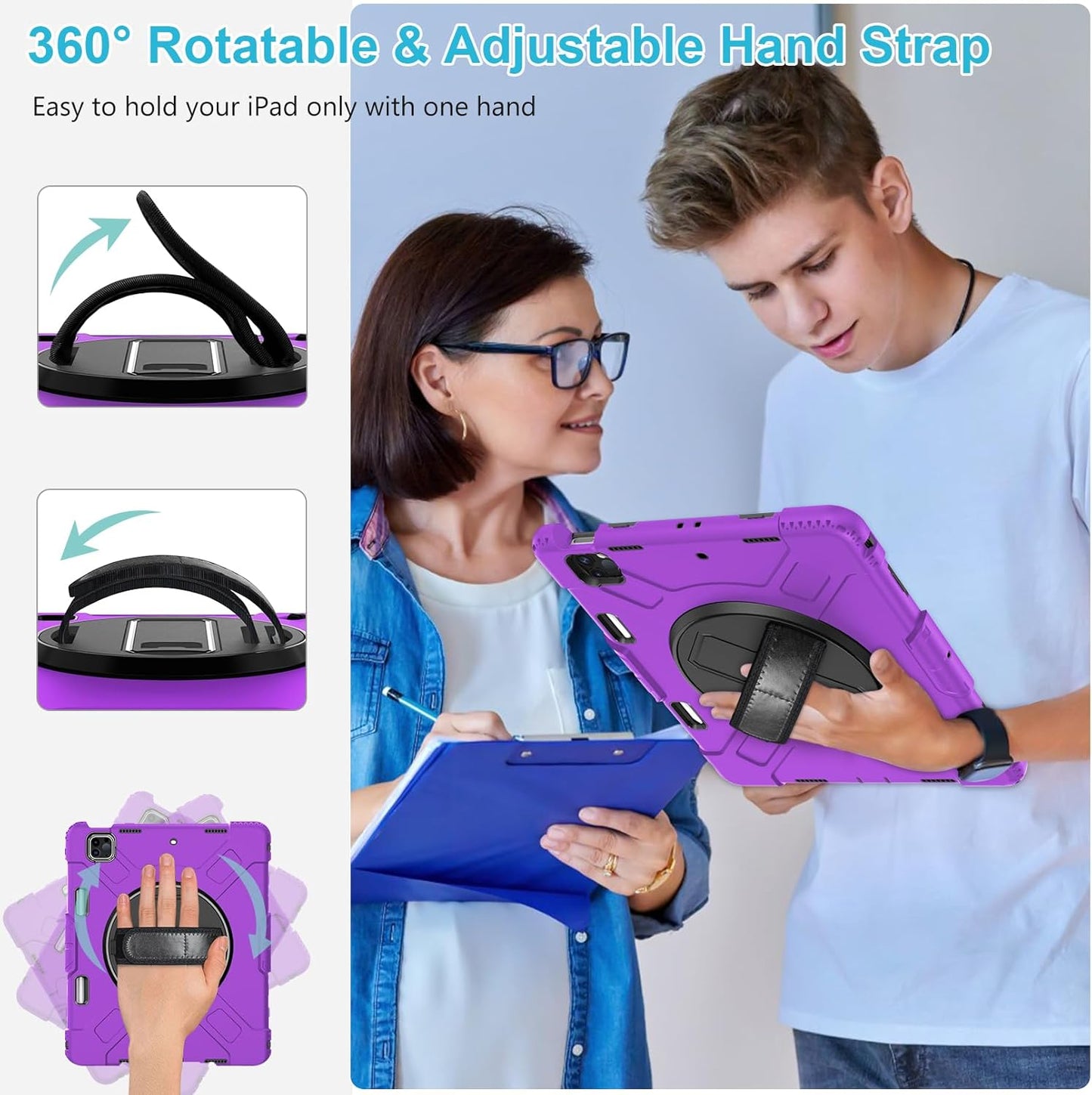 Case for iPad Pro 12.9 2022/2021/ 2020/2018: Cover for iPad Pro 12.9 6th/ 5th/ 4th/ 3rd Generation with Screen Protector- Stand- Pencil Holder- Handle- Shoulder Strap Purple
