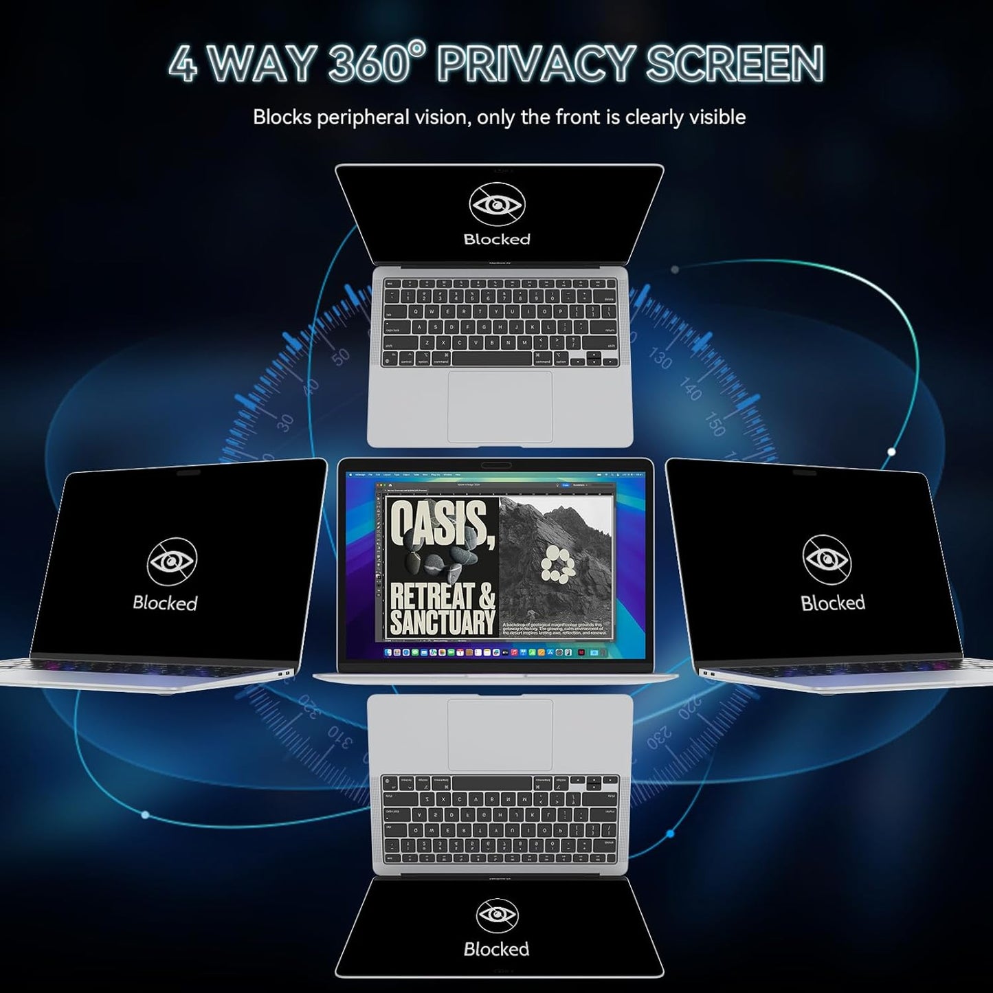 360° Privacy Screen for MacBook Pro 13 Inch(2016-2022, M1, M2)/MacBook Air 13 in(2018-2021,M1), 4 Way Privacy Anti Glare Blue Light Filter Shield Film Anti Spy Laptop Protector for Mac 13In Computer