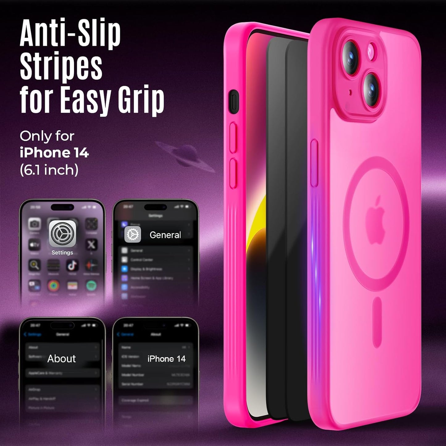 Designed for iPhone 14 Case, Compatible with MagSafe, with Privacy Screen Protectors X2, [Camera Protection] [15FT Military Drop Protection] Shockproof Phone Case, 6.1", Hot Pink