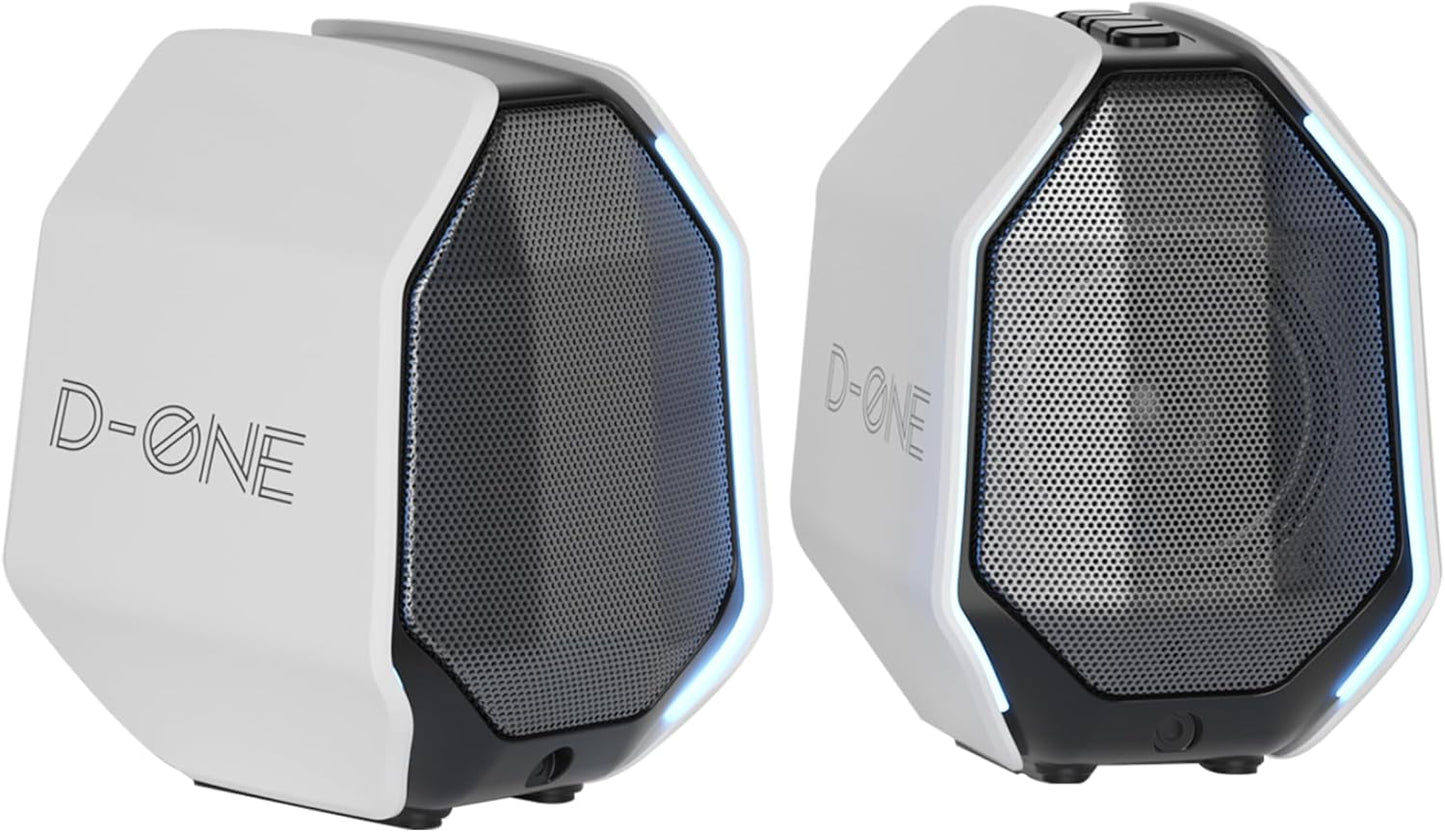 D-ONE 30W PC Gaming Computer Speakers for Laptop, Mac, Desktop Computer, Woofer Speakers, Bluetooth, USB, 3.5mm AUX Inputs, RGB Lights, Multimedia Speakers, White