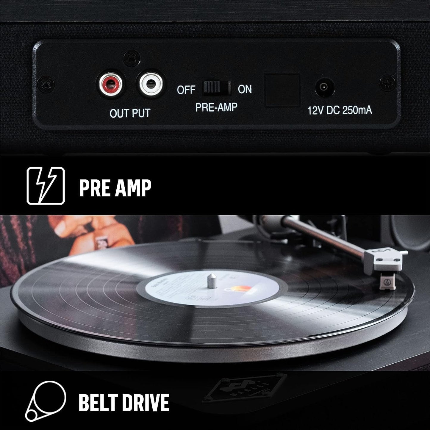 House of Marley Stir It Up Wireless Bluetooth Turntable - Sustainably Crafted Bamboo Record Player, Recycled Rewind Fabric, Superior Sound, Black