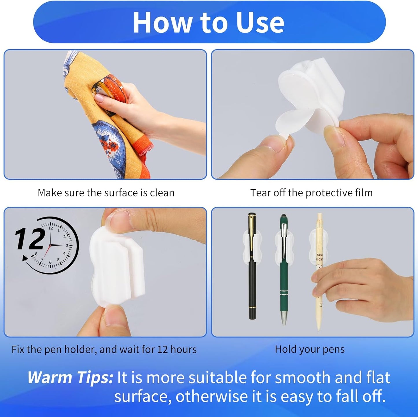 12PCS Pen Holder for Desk, Upgraded Adhesive Pen Pencil Holder for Desk Wall Clipboard Car Silicone Pens Markers Pencils Organizer Teacher Supplies Office Supplies (12PCS White)