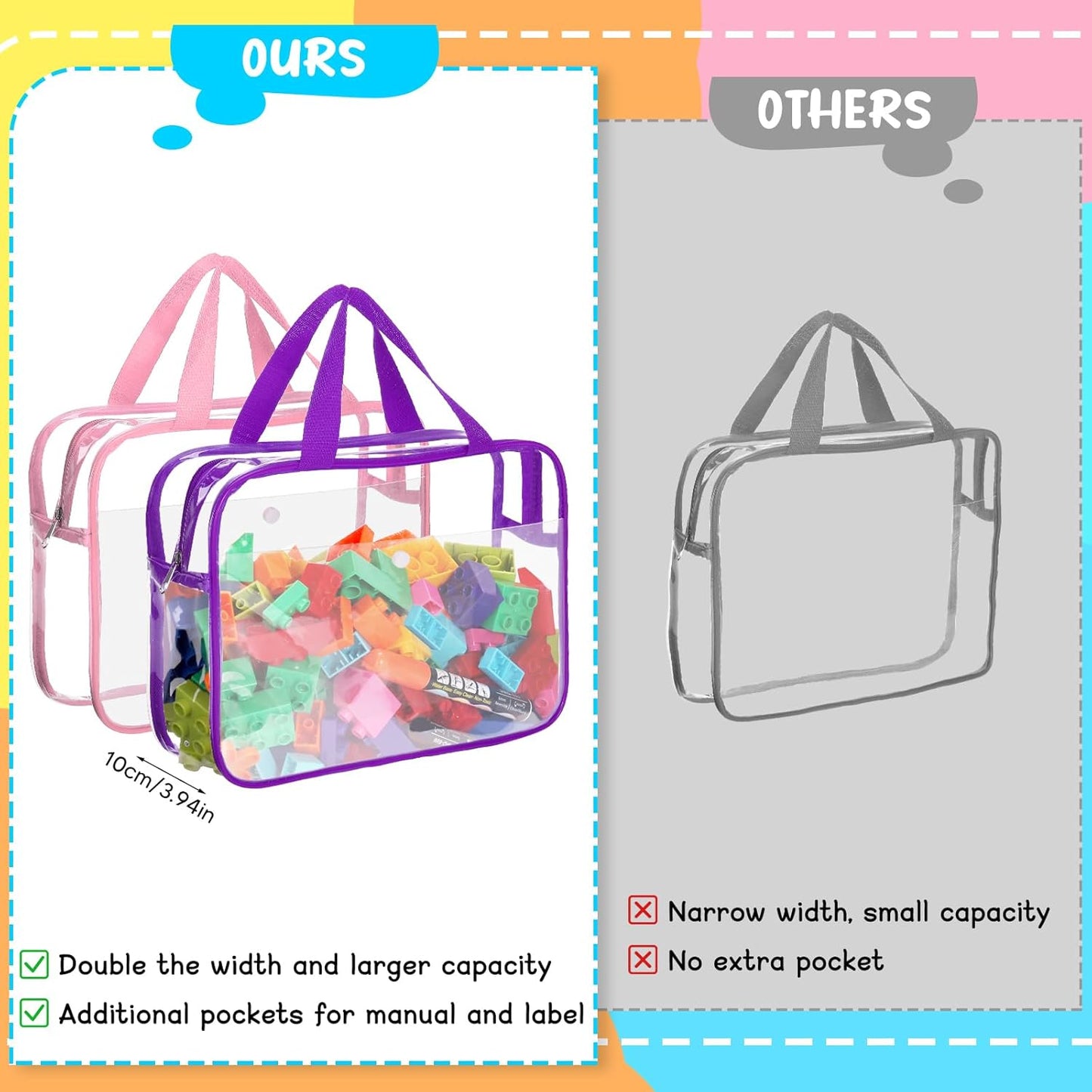 8 Packs Large Toy Storage Bags with Labels&Manual Pocket, Reusable Clear PVC Board Game Storage Bags, Travel Waterproof Organizer Bags with Zipper for Building Blocks, Puzzle, Toys