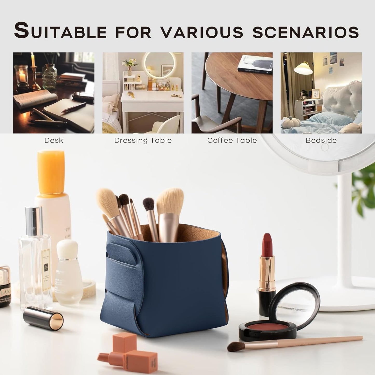 HOMIEAZICOZI 2-Pack Cork Leather Desk Accessories Storage - Pencil Pen Holder - Makeup Brush Holder Organizer - Stylish Addition to Home Decor (Dark Blue)