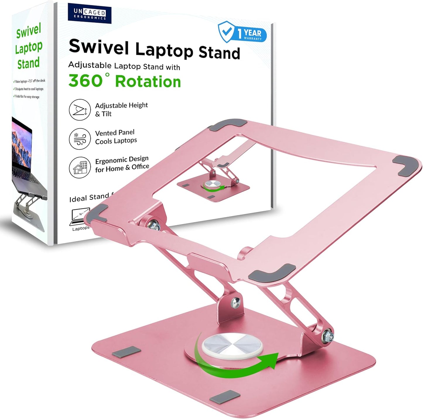 Uncaged Ergonomics Swivel Laptop Stand for Desk, Adjustable Computer iPad Stand for Desk w/ 360 Rotation, Portable Laptop Holder for Home Office Ergonomic Supplies (Rose Gold)