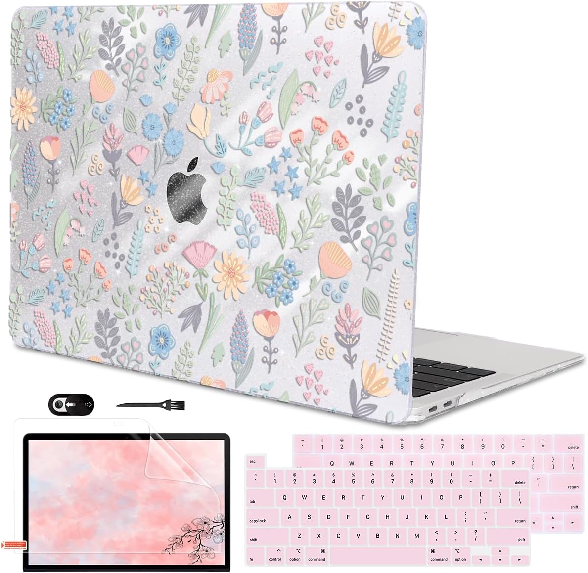for MacBook Pro 13 inch Case 2022 2021 2020-2016 Release M2 M1 Chip A2338 A2251 A2289 A2159 A1989 A1706, Shiny Pattern Plastic Hard Shell Case Keyboard Cover Screen Film, Starry Sky Flowers