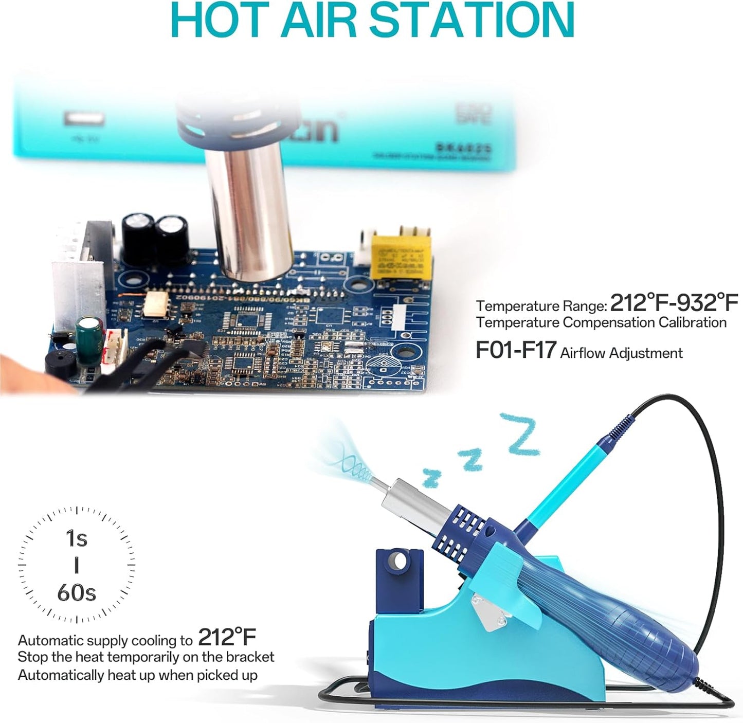 BK602S 2 in1 Soldering Iron Hot Air Rework Station,Digital Soldering Welding Iron Kit for Electronic DIY Circuit Work, Rapid Heat up Solder Station,Auto Sleep,ºC/ºF Conversion