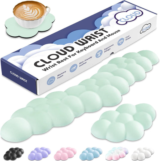 Cloud Wrist Rest for Keyboard and Mouse, Memory Foam PU Leather Keyboard Wrist Rest with Ergonomic Support, Non-Slip Base, Cute Arm Rest Pad & Palm Cushion, Office Desk Accessory, Light Green