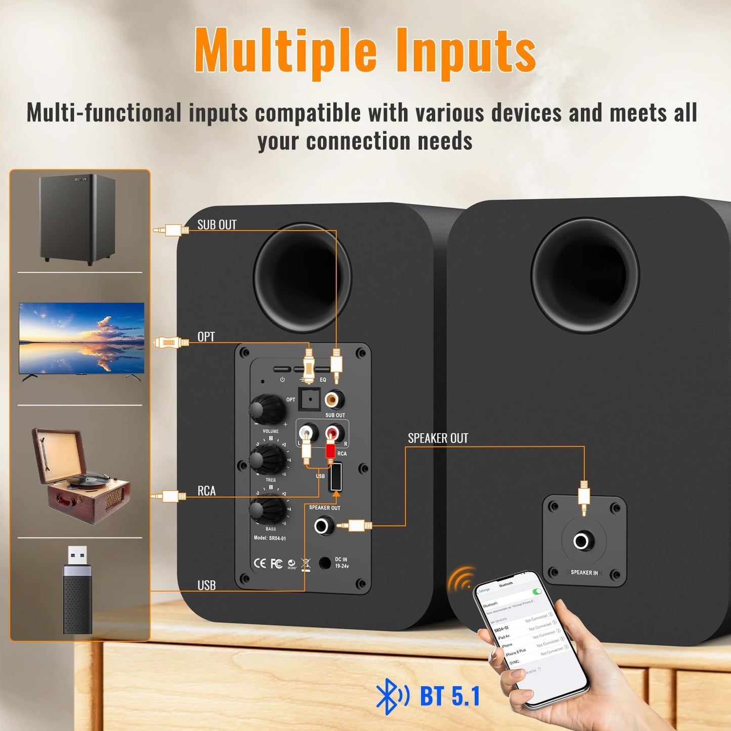 BESTISAN Bluetooth Bookshelf Speakers, Powered Computer Speakers with 4 Inch Woofer, TV Speakers with Optical/RCA/USB/Sub Out for PC and Turntable