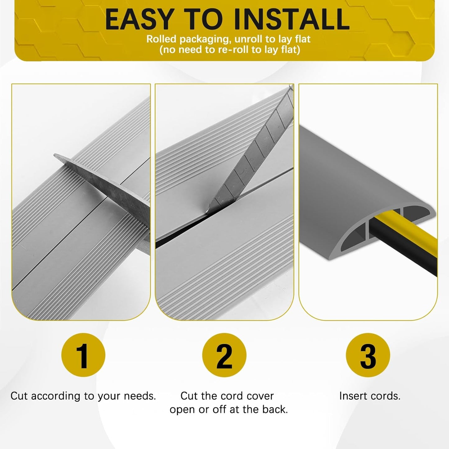 Floor Cord Cover 10FT Cord Covers for Wires on Floor Protect Wires & Prevent Trip Hazards, Easy to Cut for Home, Office, School, Concerts, Cavity W0.6in x H0.32in