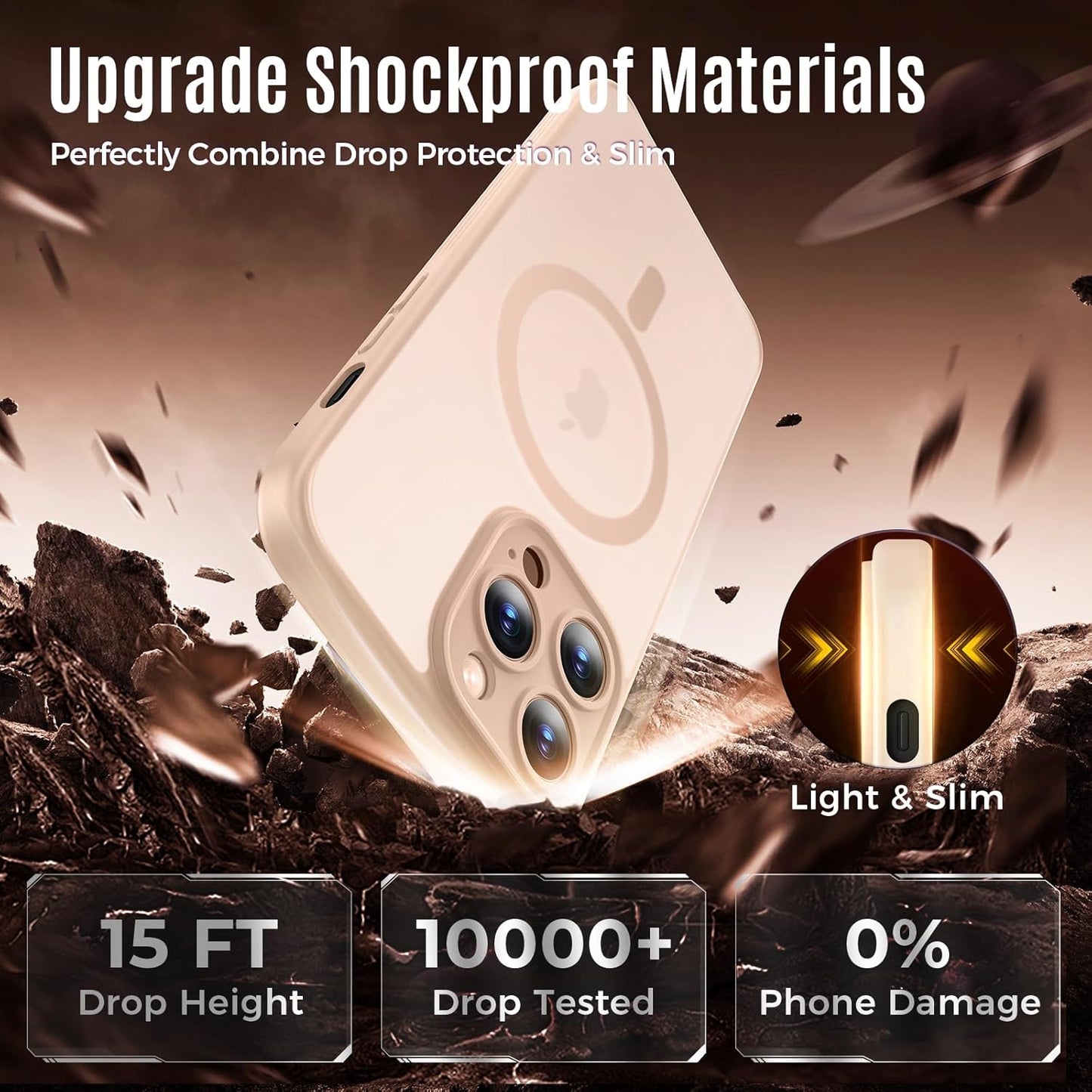 Designed for iPhone 12 Pro Case, Compatible with MagSafe, with Privacy Screen Protectors X2, [Camera Protection] [15FT Military Drop Protection] Shockproof Phone Case, 6.1", Light Brown