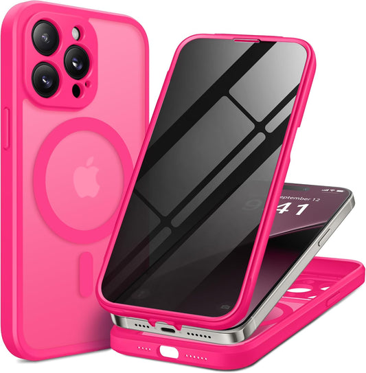 BERFY Magnetic for iPhone 14 Pro Max Case,Compatible with MagSafe,Built-in Privacy Screen Protector and Upgraded Camera Protection,Anti-Spy Full Body Shockproof Phone Case for 14 Pro Max 6.7",Hot Pink