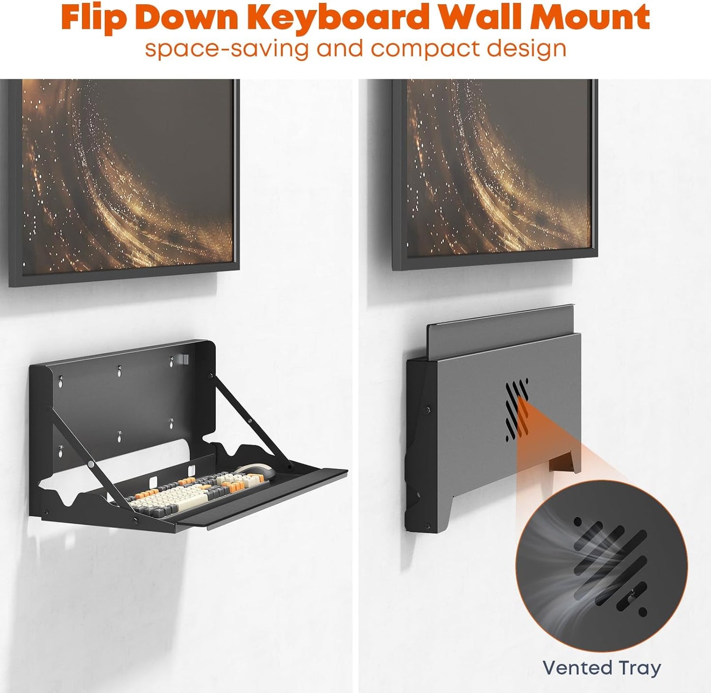 Flip Down Keyboard Tray Wall-Mount - 24 Inch Computer Keyboard and Mouse Platform Tray, Space Saving Design, Mouse Pad and Wrist Pad Included, Holds Up to 22 lbs, Black