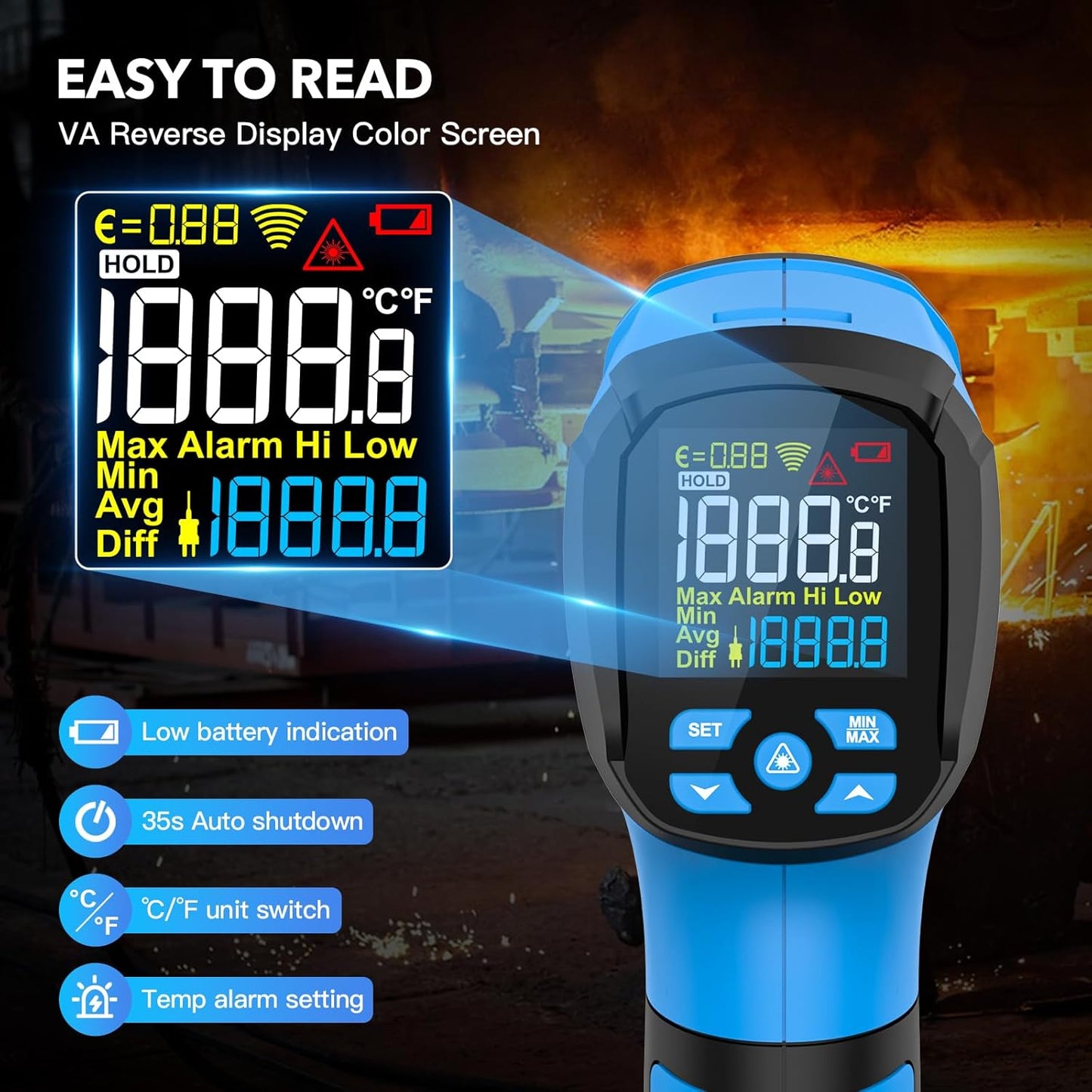 Infrared Thermometer Temperature Gun, -40℉ to 2192℉ Dual Laser High Temp Thermometer with LCD Color Display, Non-Contact Industrial Pyrometer 50:1 Distance Ratio, Adjustable Emissivity