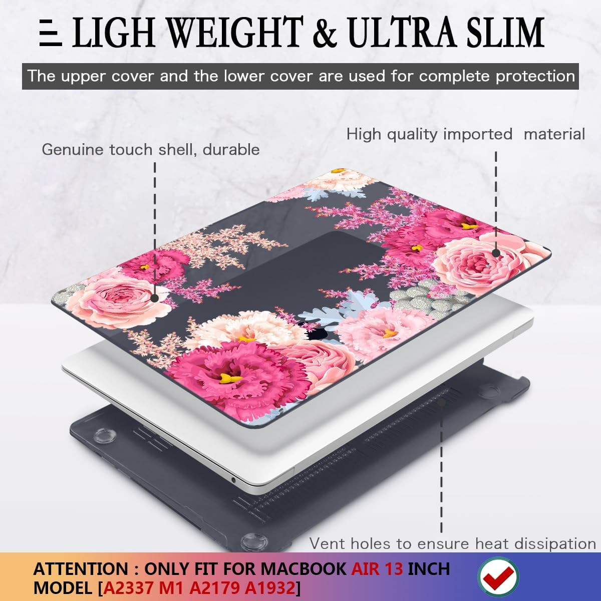 CISSOOK Floral Case Cover for MacBook Air 13 Inch 2020 2021 2019 2018 Release A2337 M1 A1932 A2179, Plastic Hard Shell Case with Keyboard Cover for MacBook Air 13" with Touch ID, Gorgeous Flowers