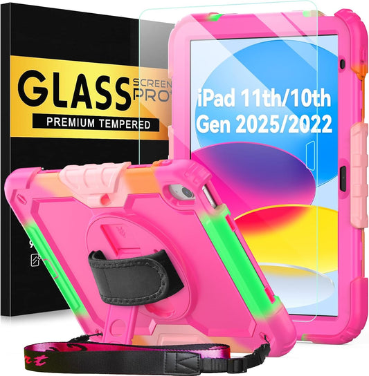 BLOSOMEET Case for iPad A16 11th/10th Generation 11''/10.9'' 2025/2022 with Tempered Glass Screen Protector, Protective Kids Cover with Stand Hand Grip Shoulder Strap, Rosered