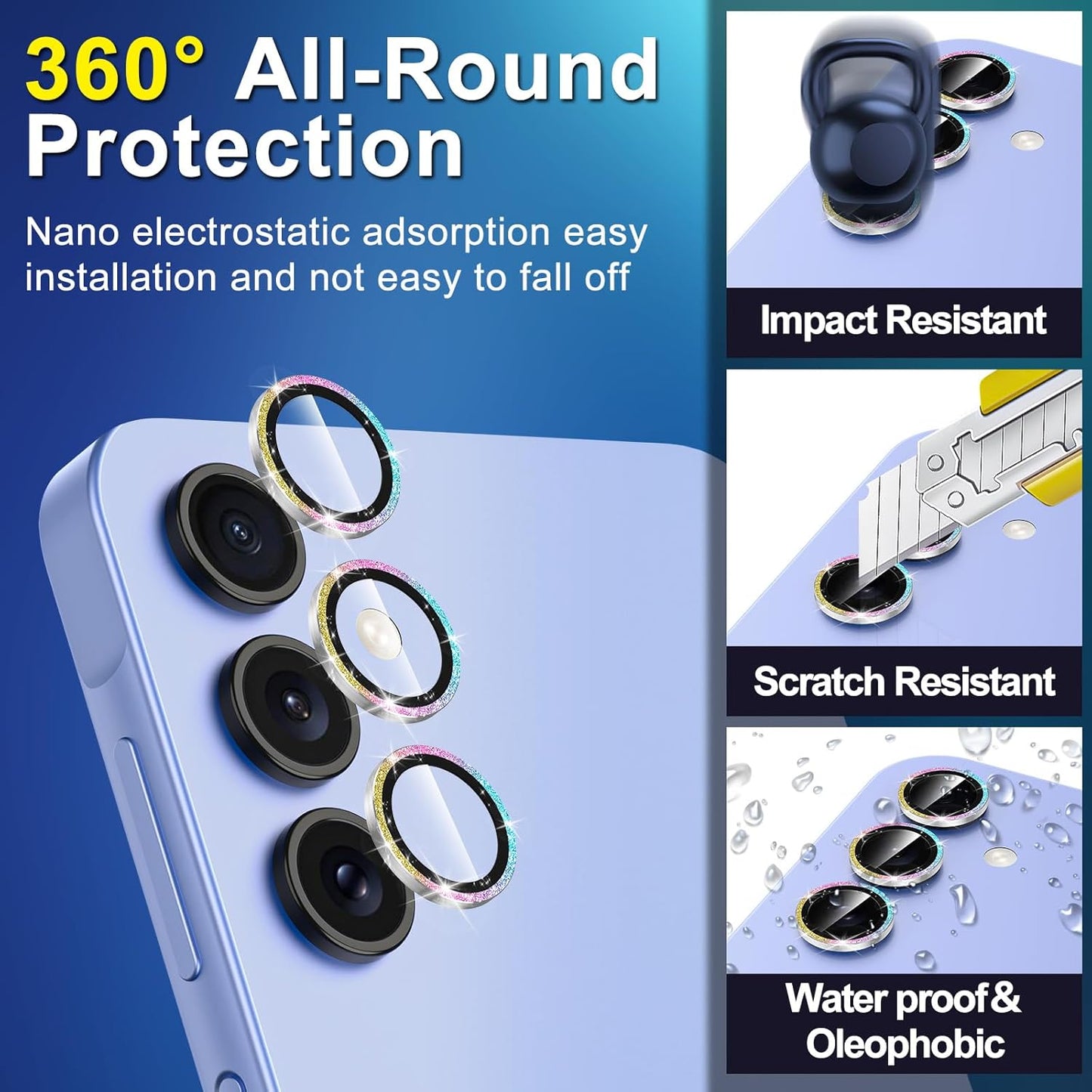 for Samsung Galaxy A35 5G Camera Lens Protector, Individual Metal Ring Tempered Glass Lens Cover, [Strong Adsorption] Scratch Resistant Ultra-Thin HD Clear Lens Cover, 1 Set-Colorful Sparkly