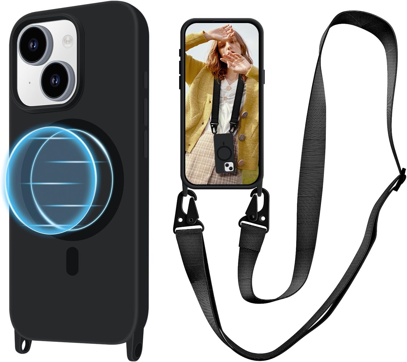 for iPhone 16 Case with Lanyard [Compatible with MagSafe], Crossbody Phone Case with Neck Strap Adjustable, Magnetic Phone Cover for iPhone 16 6.1'' Black