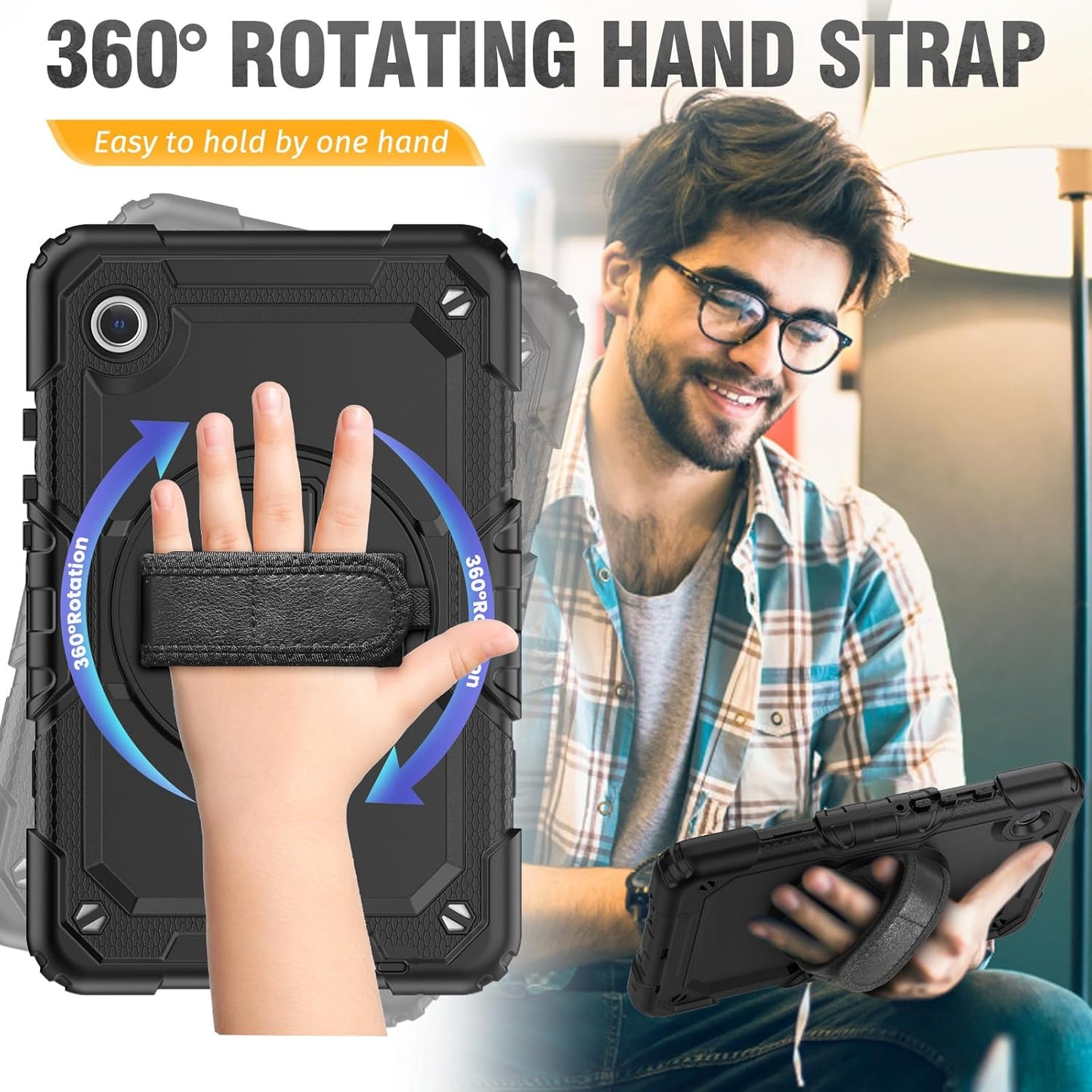 HXCASEAC Case for Samsung Galaxy Tab A9 8.7 Inch, Protective with Screen Protector/Hand Strap/Pen Holder, Sturdy Shockproof for Samsung A9 Tablet Case SM-X110 SM-X115 SM-X117 - Black