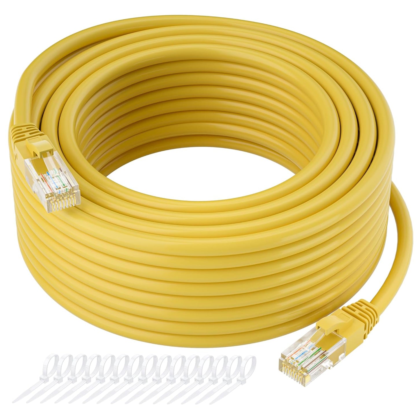 Cat5e Ethernet Cable 75 FT, Long Cat 5e Internet Cable, Yellow Snagless Patch Cord, Flexible, Network, LAN, PoE, Standard RJ45 Connector for PC, Server, Router, Modem, TV, PS5 - with 15 Cable Ties