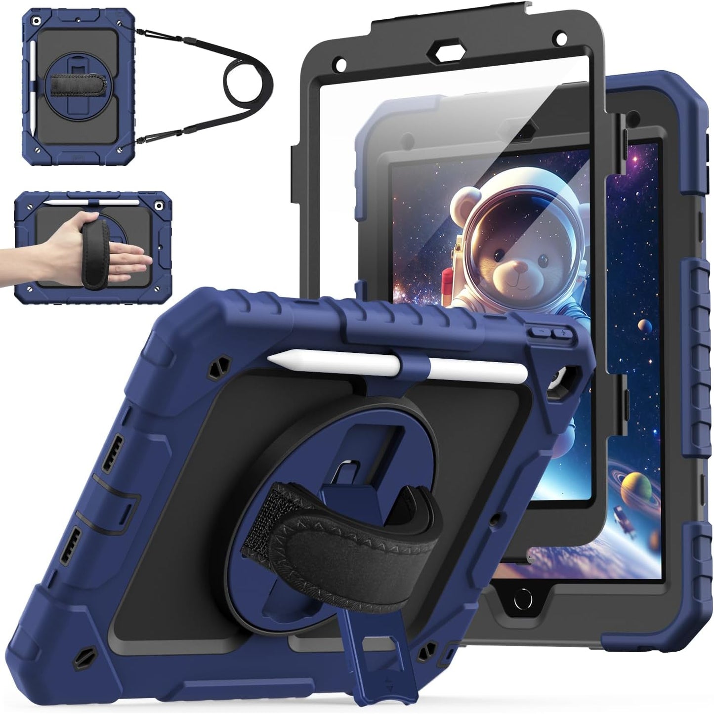 Cantis Case for iPad 9th/8th/7th Generation with Screen Protector, iPad 10.2 Case 2021/2020/2019 with 360 Degree Rotating Stand/Shoulder Strap/Pencil Holder, Navy Blue