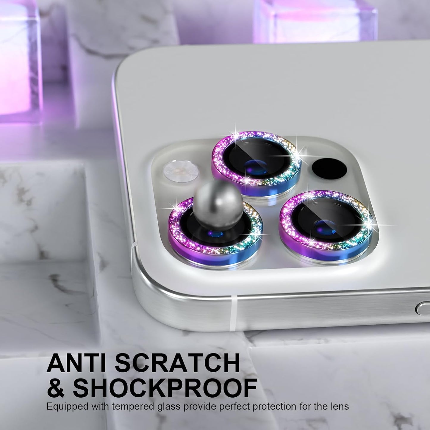 Choiche Compatible for iPhone 16 Pro/iPhone 16 Pro Max Camera Lens Protector Bling, 9H Tempered Glass Camera Cover Screen Protector Metal Ring Decoration Accessories (Glitter-Colorful)