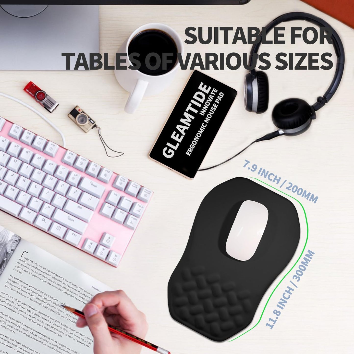 Ergonomic Raised Mouse Pad Wrist Support with Bilateral Slope Memory Foam Mousepad for Wrist Rest and Carpal Tunnel Pain Relief 11.8x7.9〃 Black
