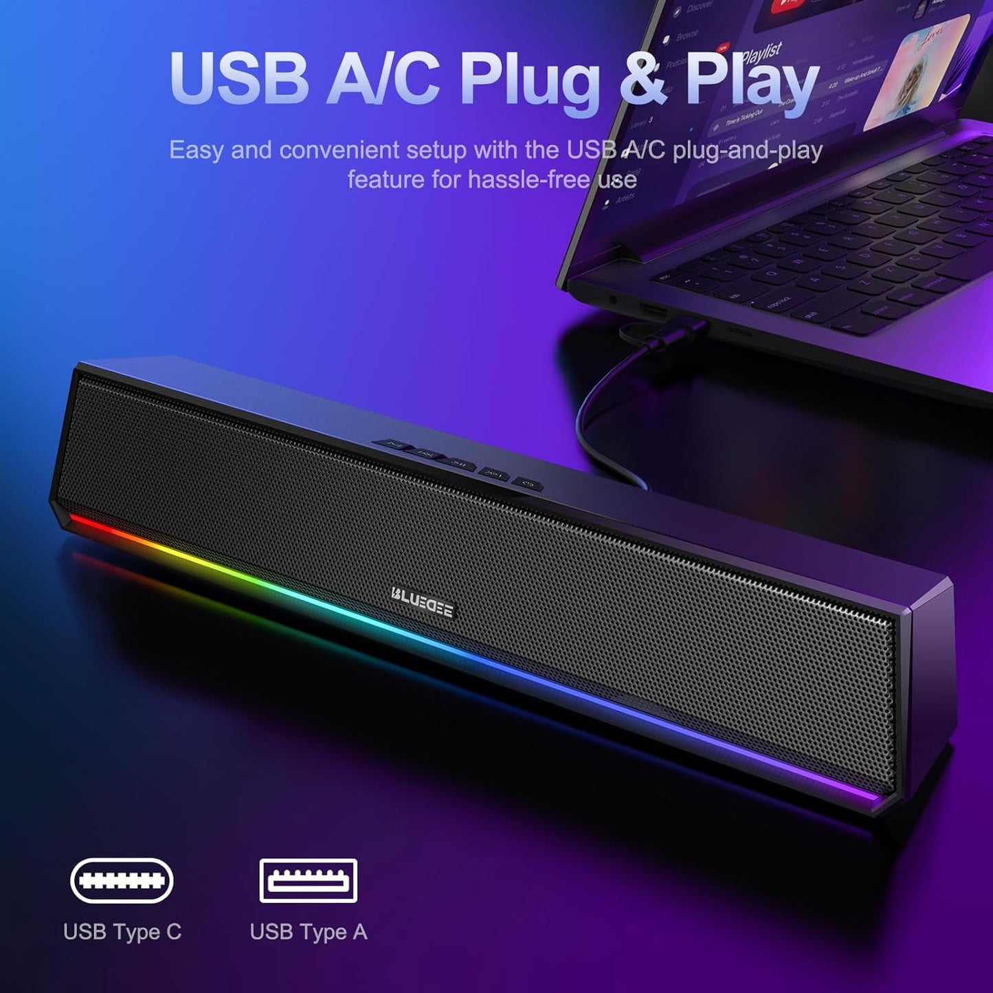 Bluedee Computer Speakers for Desktop PC, Bluetooth 5.3 PC Speakers with Dynamic RGB Light, Wired USB Plug & Play Computer Sound Bar, USB/Type-C Powered Gaming Speakers for Desktop, Laptops, Tablet