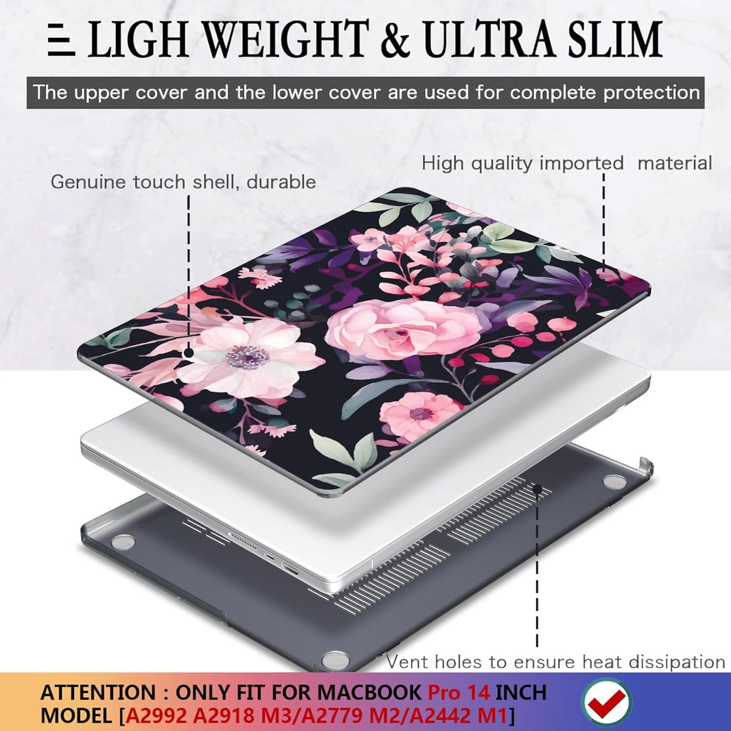 CISSOOK Compatible with MacBook Pro 14 inch Case M4 A3112 A3185 A3401 M3 A2992 A2918 M2 A2779 M1 A2442 Chip 2024 2023 2022 2021 Release, Plastic Hard Shell for MacBook Pro 14.2, Pink Flowers