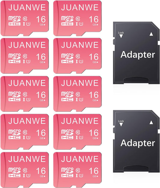 JUANWE 16GB Micro SD Card 10 Pack microSDHC Memory Card with SD Adapter, C10, U1,TF Card 16GB for Dash Cam, Security Camera, Pink