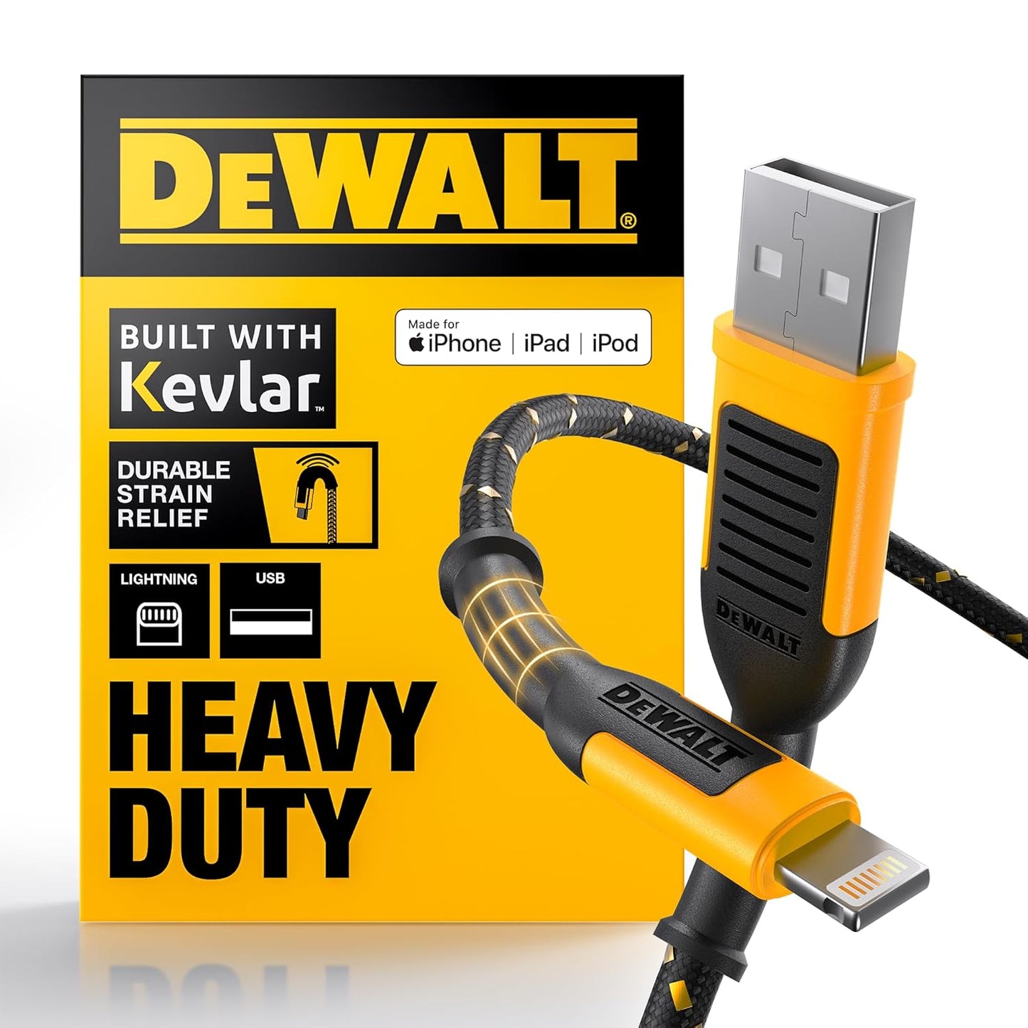 DEWALT Heavy Duty USB to Lightning Cable [Apple MFi Certified] Durable iPhone Charger, Lightning Cables, Fast Charging iPhone Charger Cord Compatible w/iPhones 14/13/12/11 Pro Max iPad AirPods, 10FT