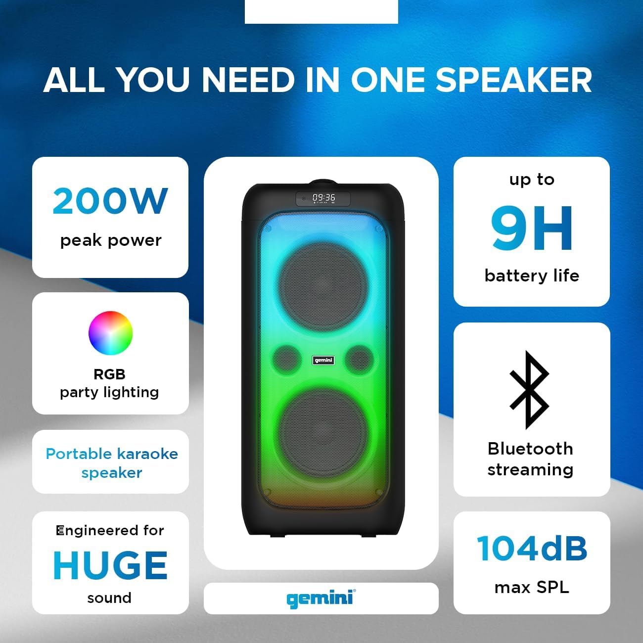 Gemini 200W Portable Bluetooth Party Speaker with Dual 6.5" Woofers, LED Lights, Wireless Mic, 9Hr Battery Play Time, TWS Pairing & USB Playback (GGO-2650L)