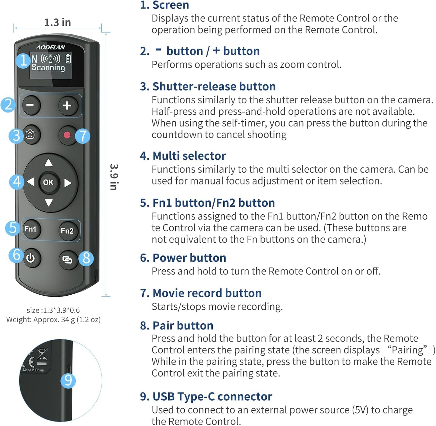 Rechargeable Shutter Release for Nikon AODELAN Wireless Camera Remote Control Compatible with COOLPIX P1000, P1100, P950, B600, A1000, Z50, Z30, Z fc, Z6 II, Z7 II,Z5, Replaces Nikon ML-L7(Black)
